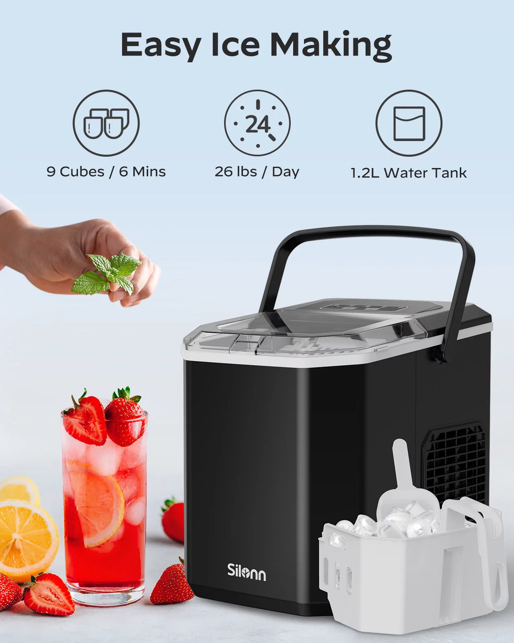 Countertop Ice Maker Machine with Handle, 9pcs/6min, 26lbs/24h, Silver I95258