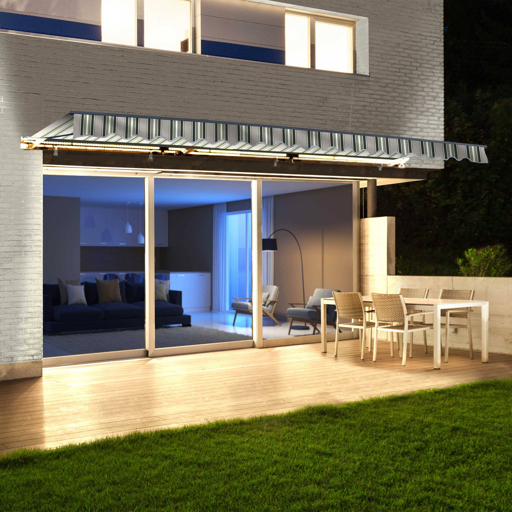 Motorized LED 12 x 10 ft. Half Cassette Retractable Awning Multi-Stripe Green D9806