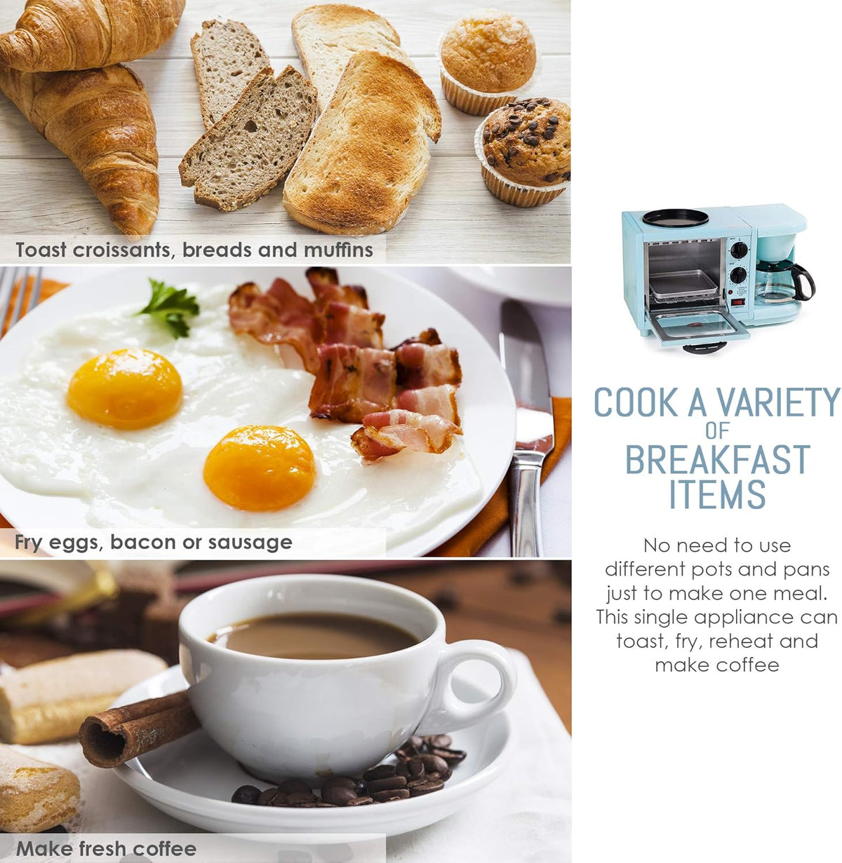Aqua 3-in-1 Breakfast Maker Station with 4 Cup Coffeemaker and Toaster Oven L910965