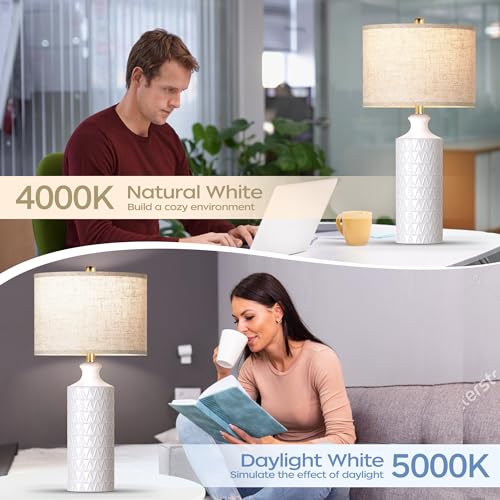 Farmhouse Ceramic Table Lamp Set of 2, 25" White Accent Lamp with 3-Color Temperature LED Bulbs M963118