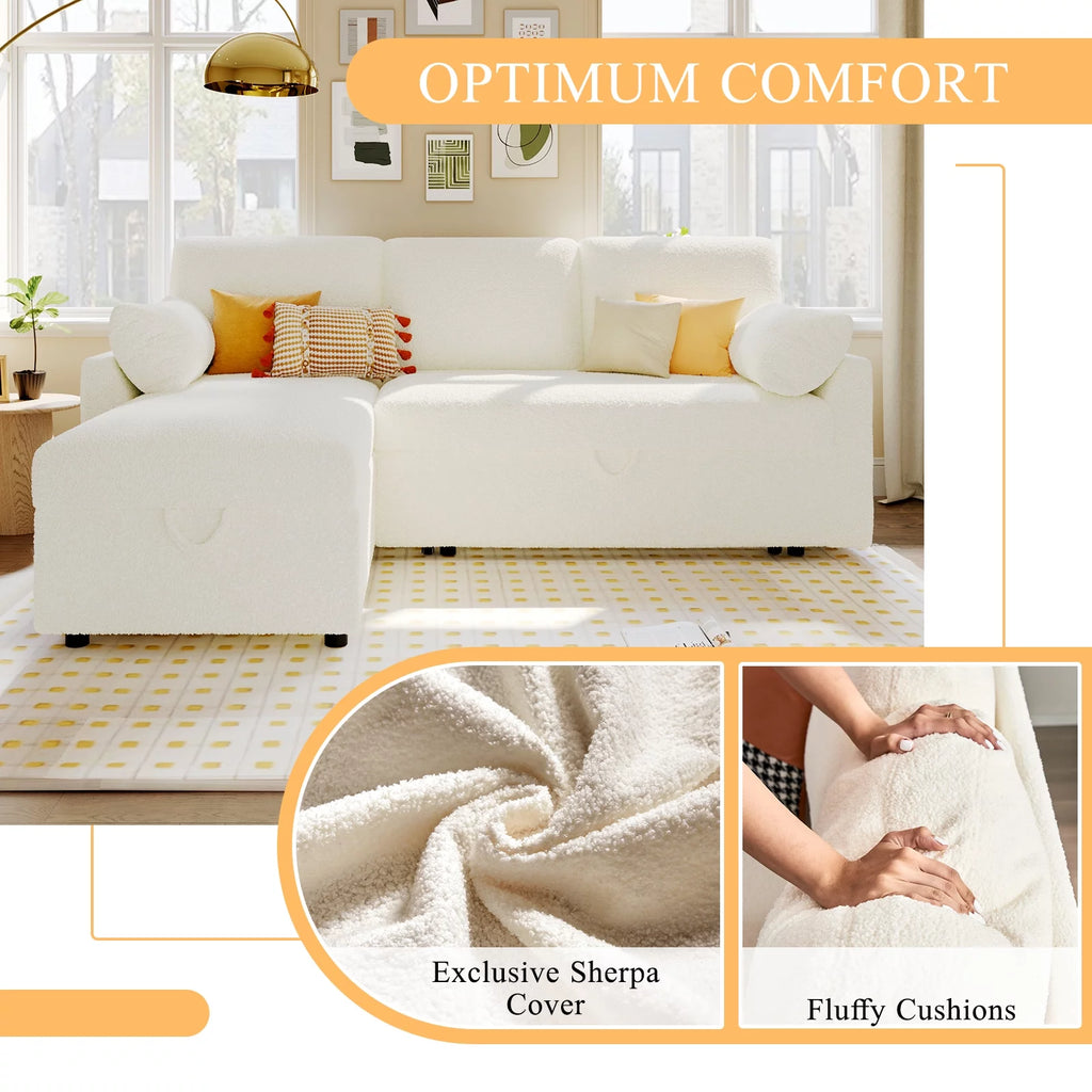 White Sherpa Sofa Bed with Storage Chaise X28685