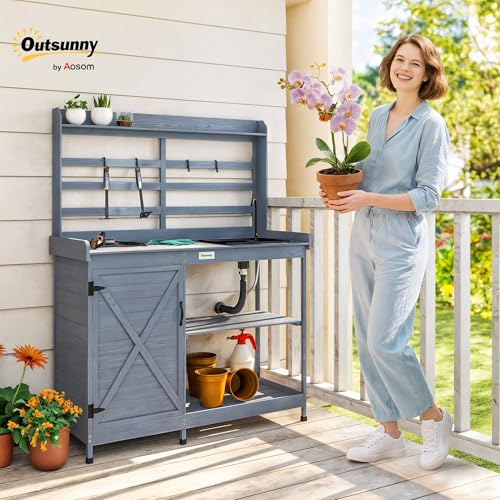 Wooden Potting Bench Table with Sink and Storage Cabinet J5694