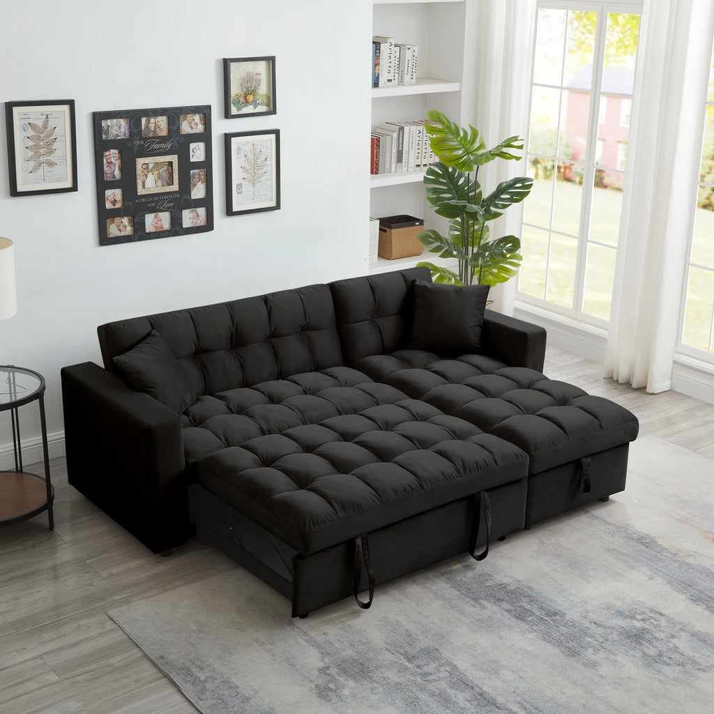 84" Black Velvet Convertible Sleeper Sofa with Storage Chaise B77914