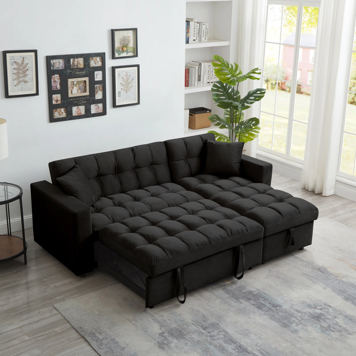 84" Black Velvet Convertible Sleeper Sofa with Storage Chaise B77914