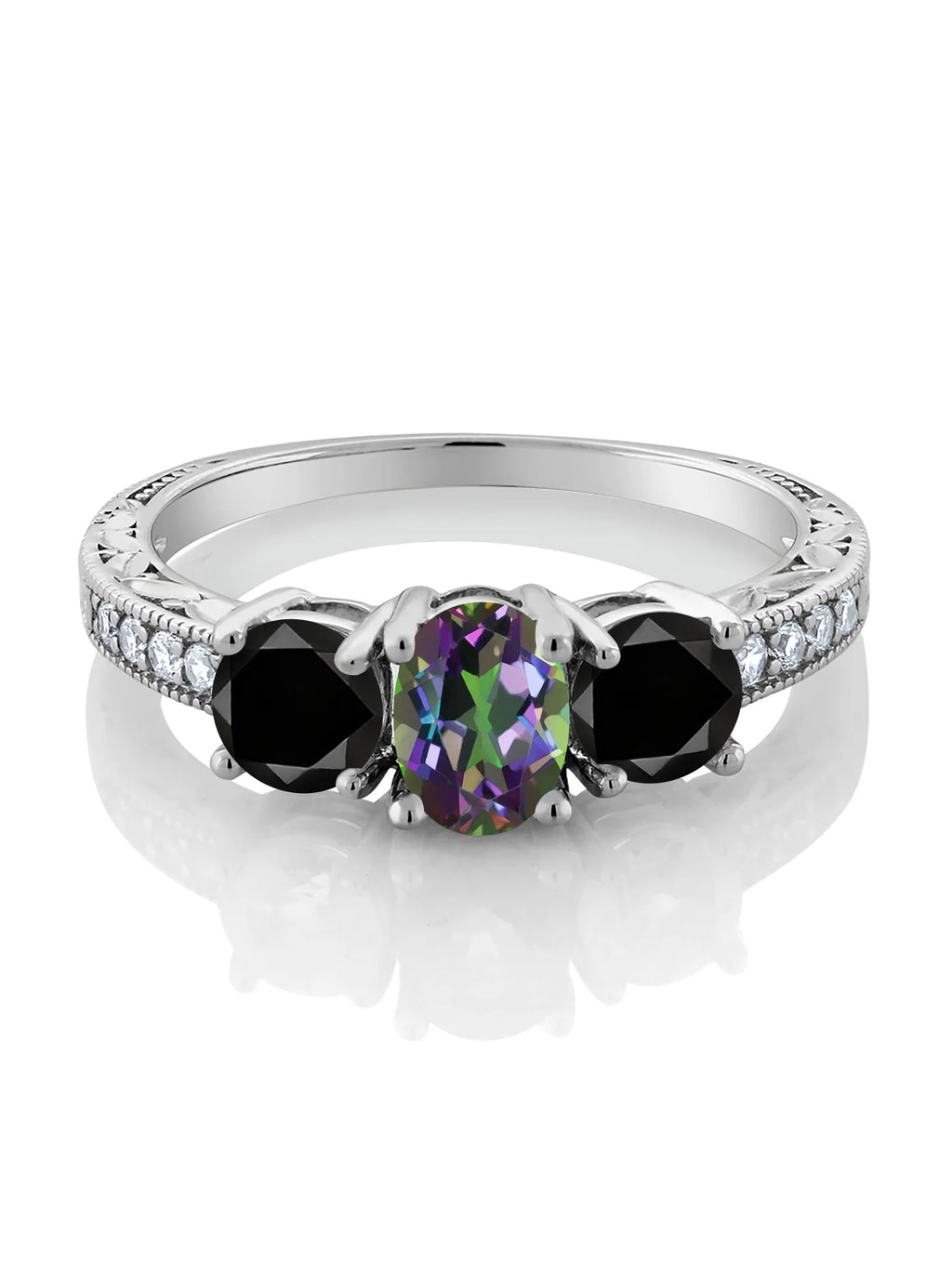 Oval Green Mystic Topaz Black Diamond 925 Sterling Silver Ring M611