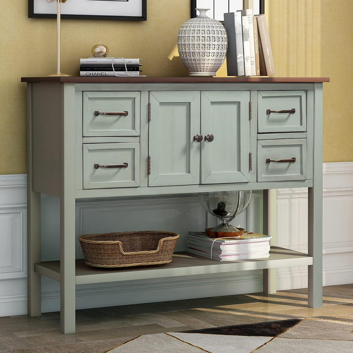 Green Console Table Buffet Sideboard with Storage Drawers Cabinets and Bottom Shelf T40674
