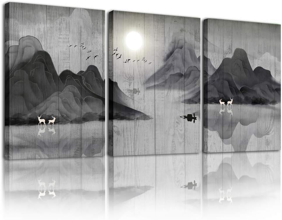 Black and White Mountain Abstract 3 Piece Canvas Wall Art E30953