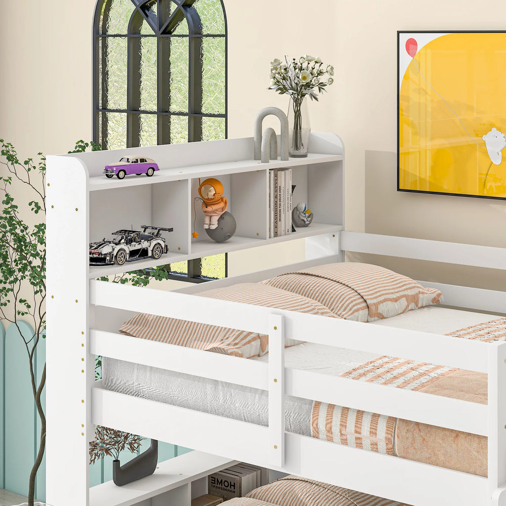 Full Over Full Bunk Beds with Bookcase Headboard, Solid Wood Bed Frame with Safety Rail and Ladder, White L371