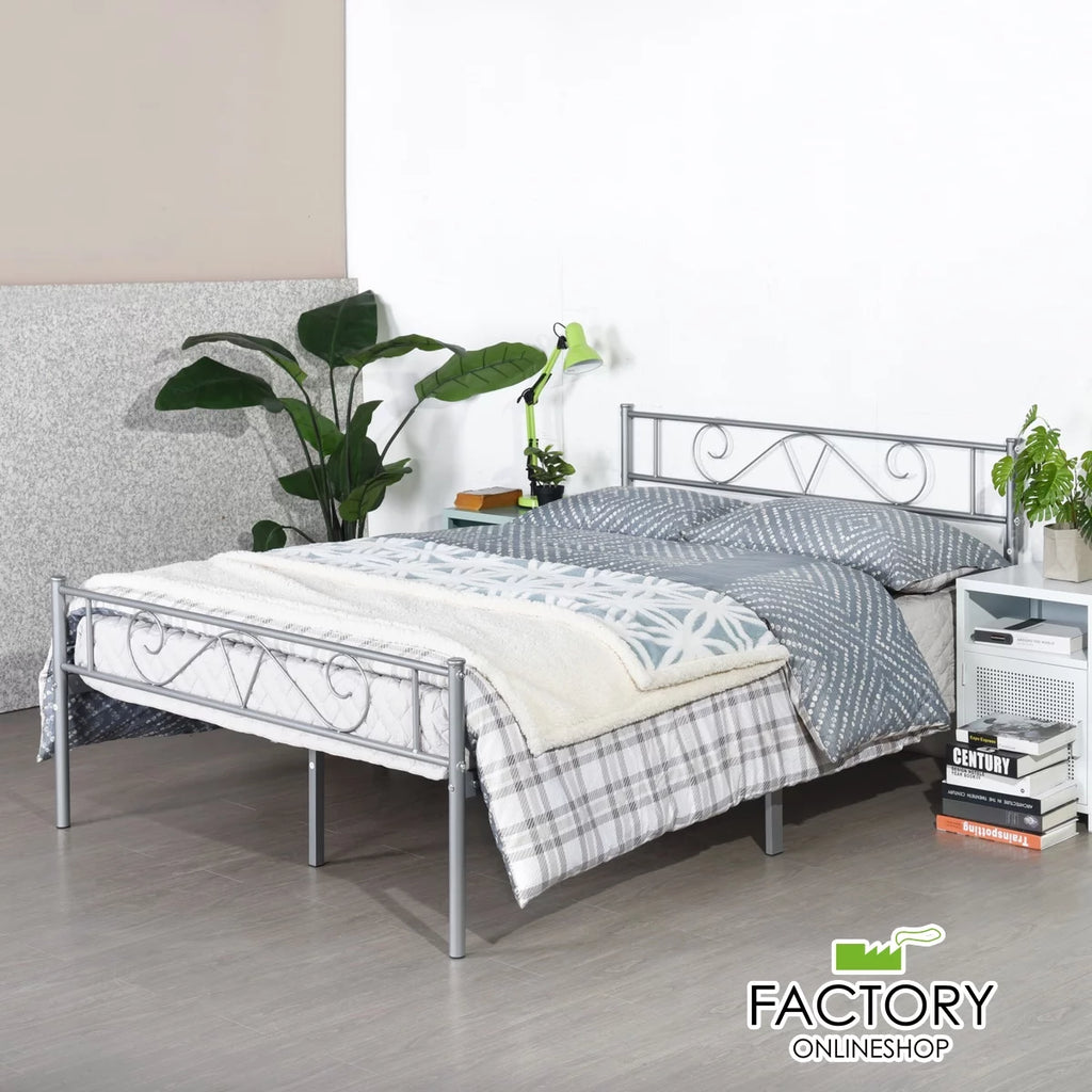 Full Size Silver Steel Platform Bed Frame with Headboard and Footboard Y147
