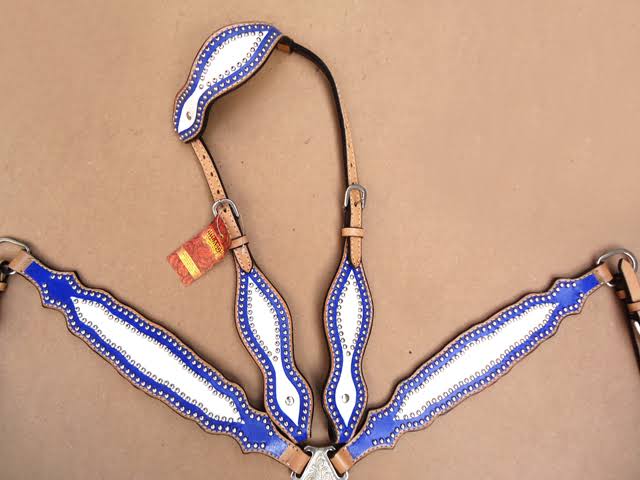 Leather Horse One Ear Headstall Breast Collar Blue O6349