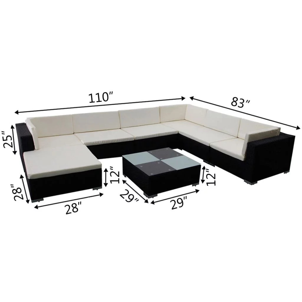 Black Poly Rattan 8 Piece Patio Lounge Set with Cushions E51363