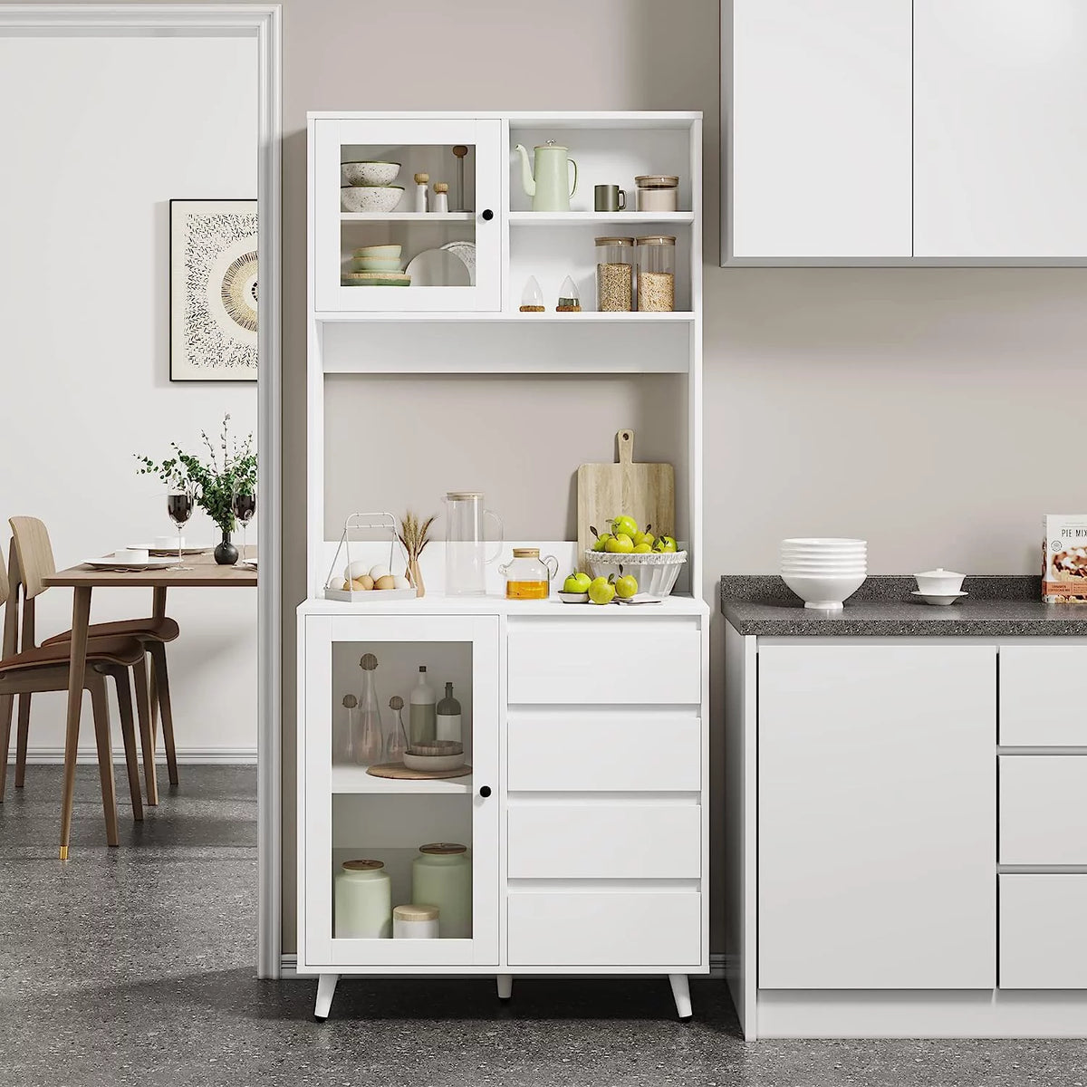 White Kitchen Pantry Cabinet with Countertop and Glass Doors S683579