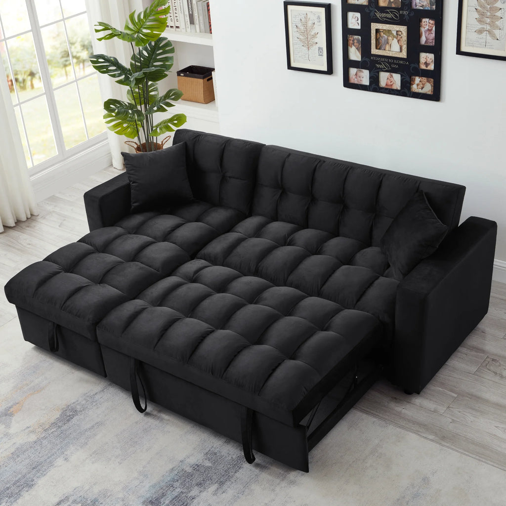 84" Black Velvet Convertible Sleeper Sofa with Storage Chaise B77914