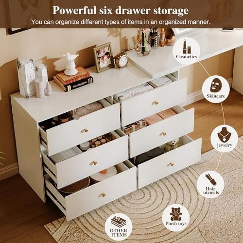 Modern Corner Vanity Table with LED Mirror and 6 Drawers G71072