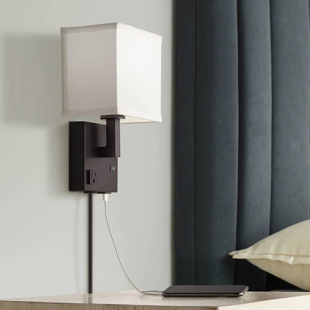 Black Plug-In Wall Light with USB Port and Outlet S51120