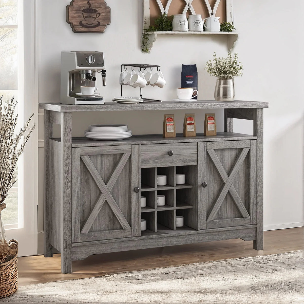 White 47 Kitchen Buffet Storage Cabinet with Barn Door P363835