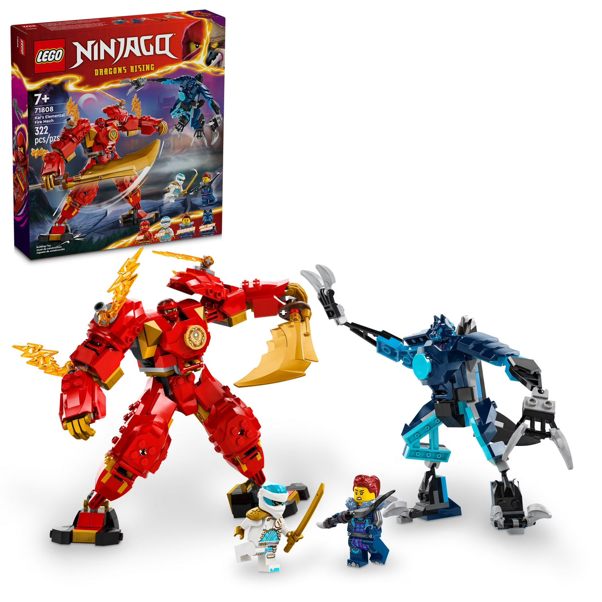 LEGO NINJAGO Kai’s Elemental Fire Mech Action Figure, Mini Ninja Toy with Red Ninja Figure plus Kai and Zane Minifigures, Adventure Set for Boys and Girls Ages 7 and Up E484925