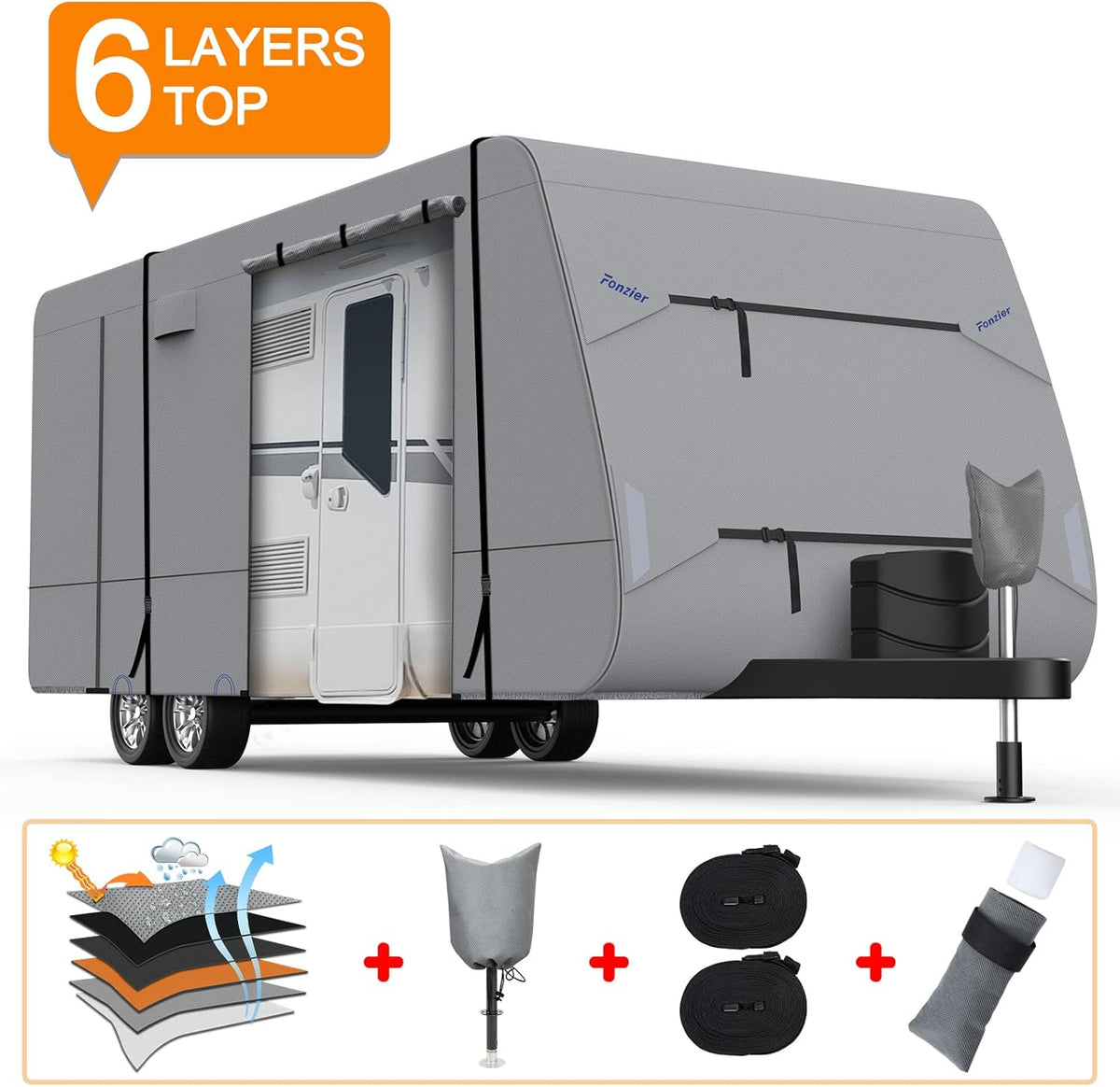 Heavy Duty 6 Layers Travel Trailer RV Cover Anti-UV Camper Cover for 24'1" - 26' Motorhome Breathable Rip-Stop with 2Pcs Extra Straps & Gutter Spout Covers H5734