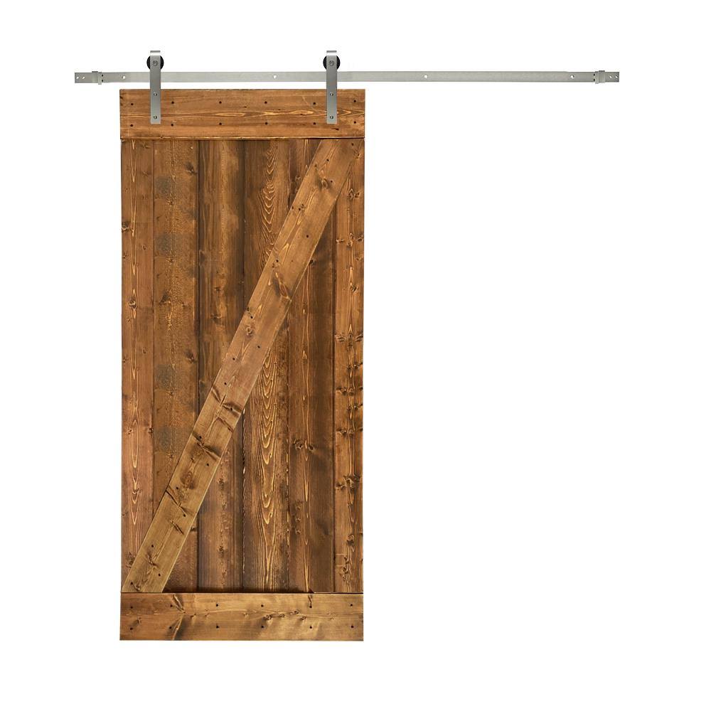 24 in. x 84 in. Walnut Stained Solid Knotty Pine Wood Interior Sliding Barn Door with Hardware Kit I716