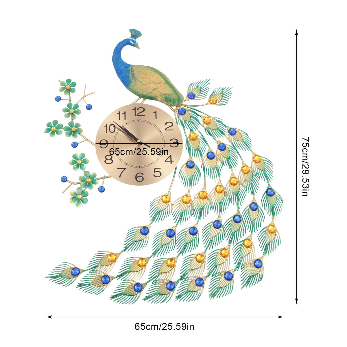 Peacock Wall Clock 3D Metal 8.26" F128