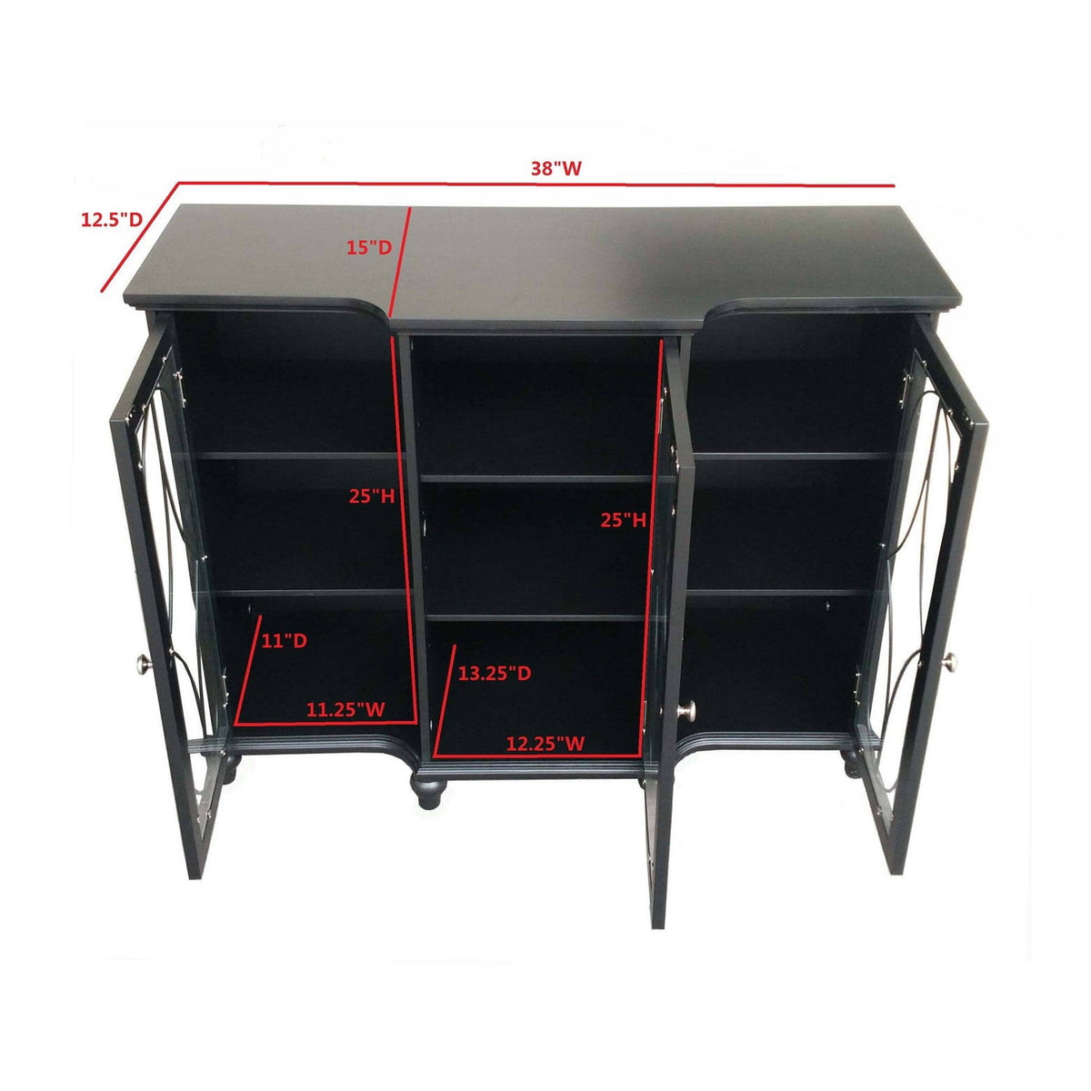 Black Wood Sideboard Buffet Console Table with Glass Doors O307094