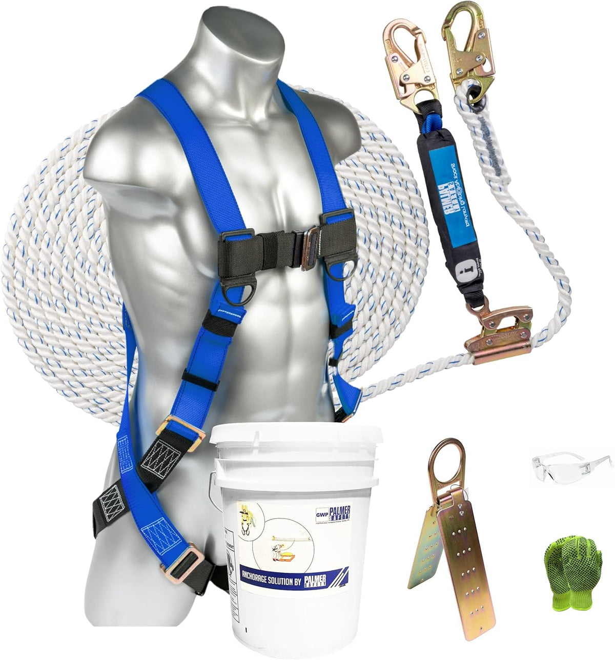 Roofing Bucket Kit with Full-Body Harness, 50' Vertical Rope & Anchor Set D9773