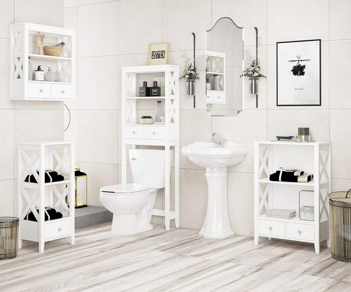 White 3-Shelf Bathroom Storage Tower with Single Drawers E62463
