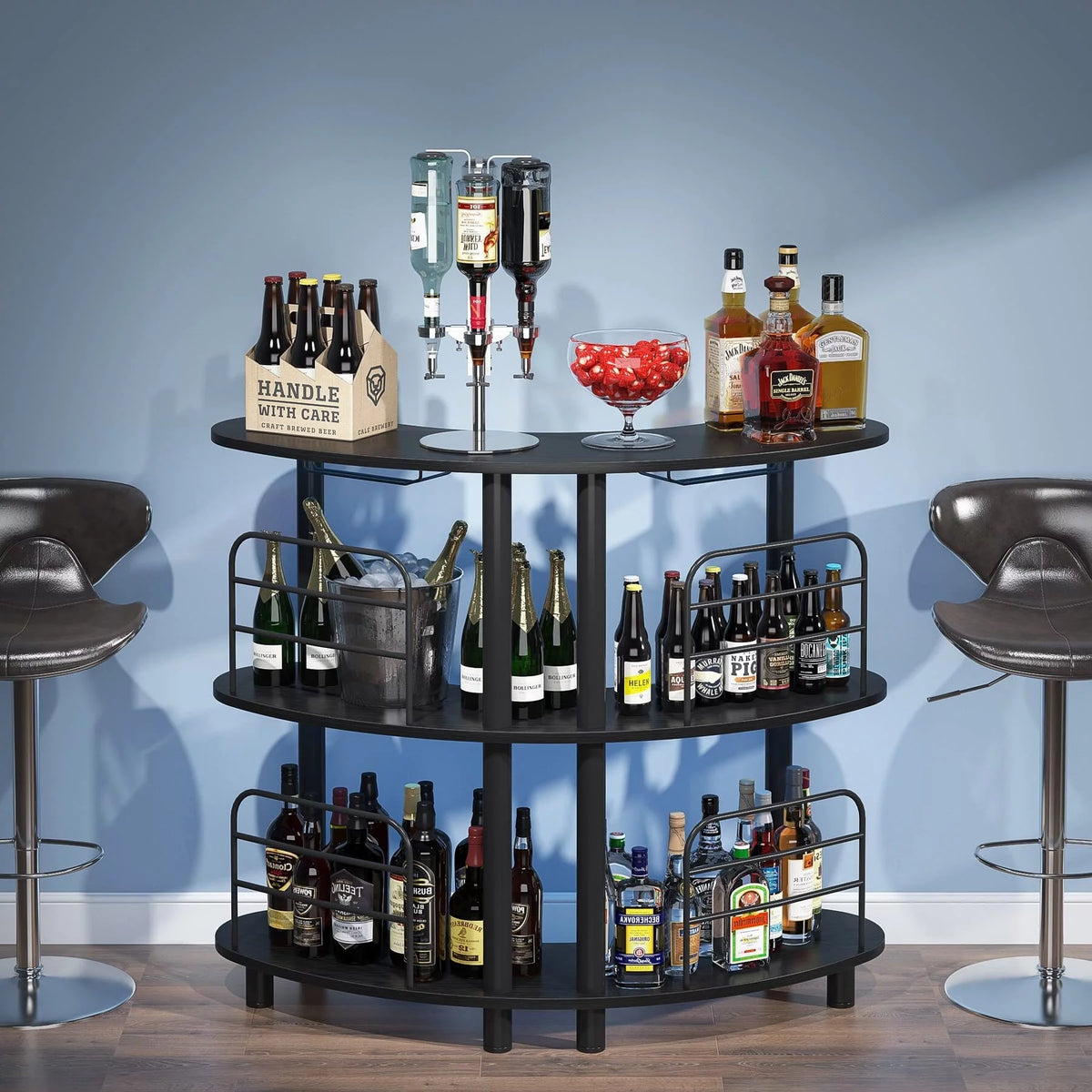 3 Tier Black Bar Cabinet with Storage Shelves G412