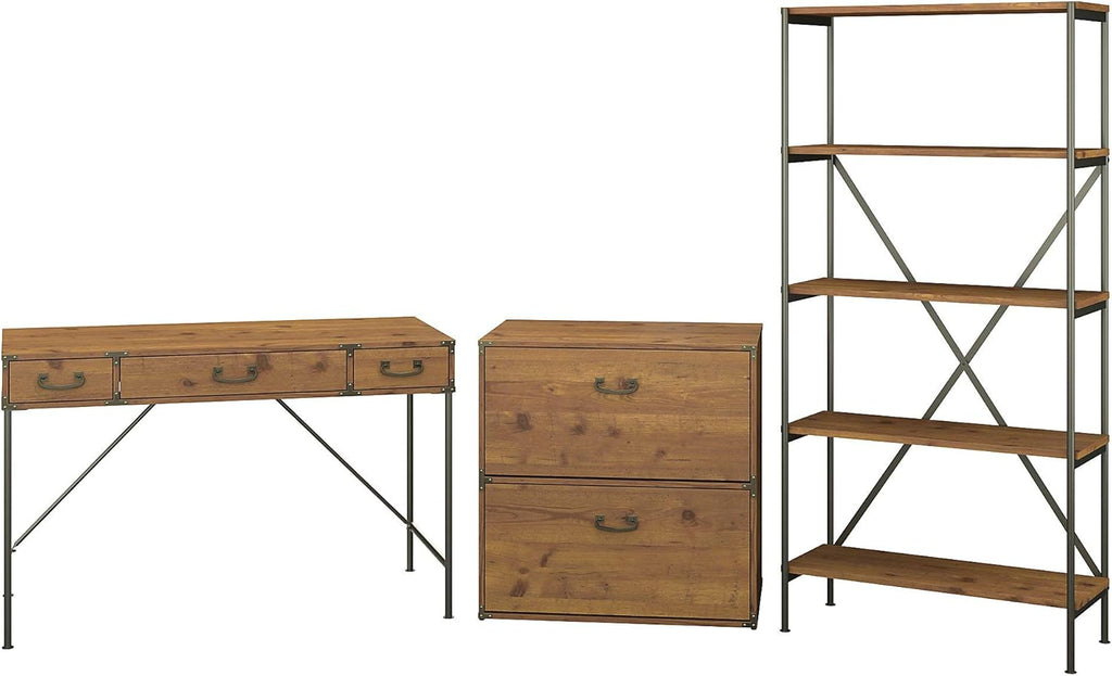 Vintage Golden Pine Writing Desk with File Cabinet and Bookcase J79515