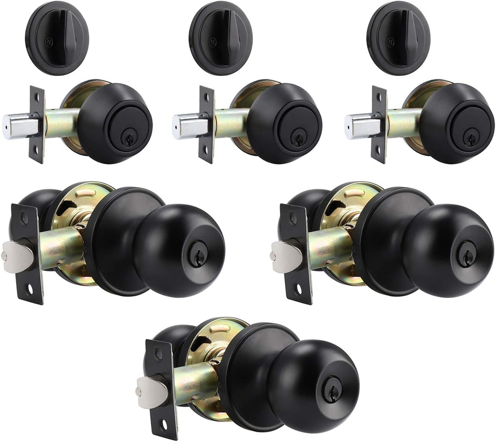 4 Pack Flat Black Entry Door Knob and Double Cylinder Deadbolt Combination Set B104