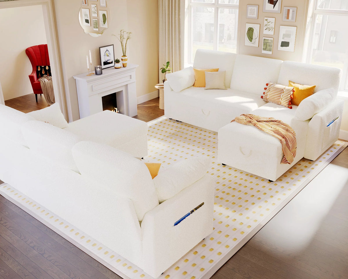 White Sherpa Sofa Bed with Storage Chaise X28685