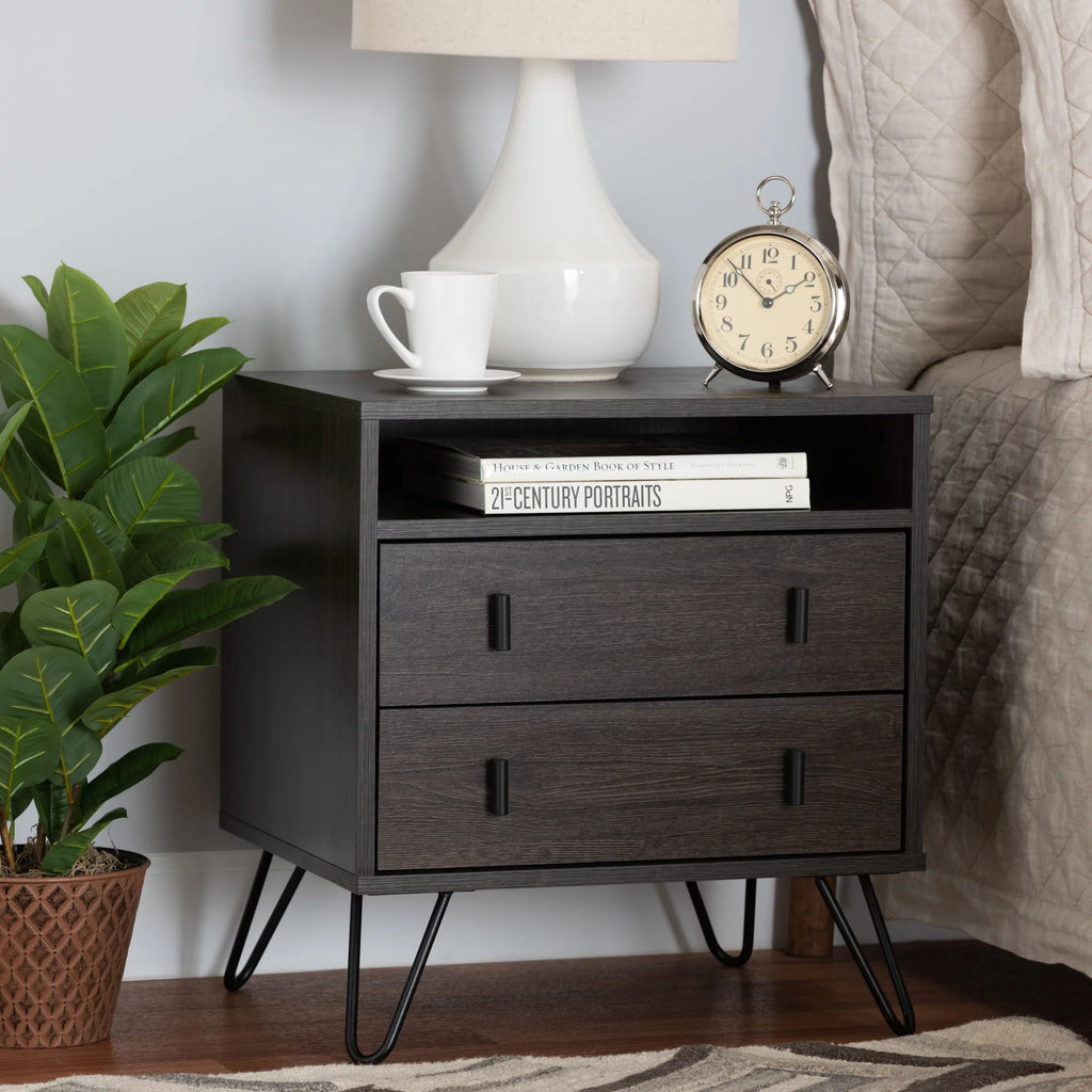 Dark Brown Wood and Black Metal 2-Drawer Nightstand V88788