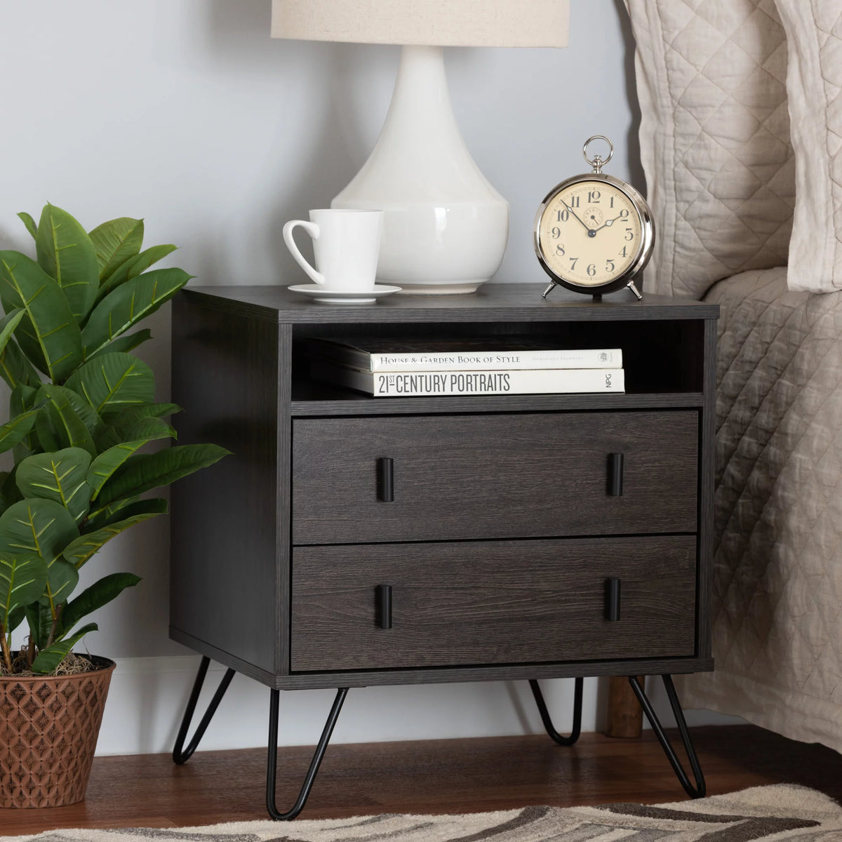 Dark Brown Wood and Black Metal 2-Drawer Nightstand V88788