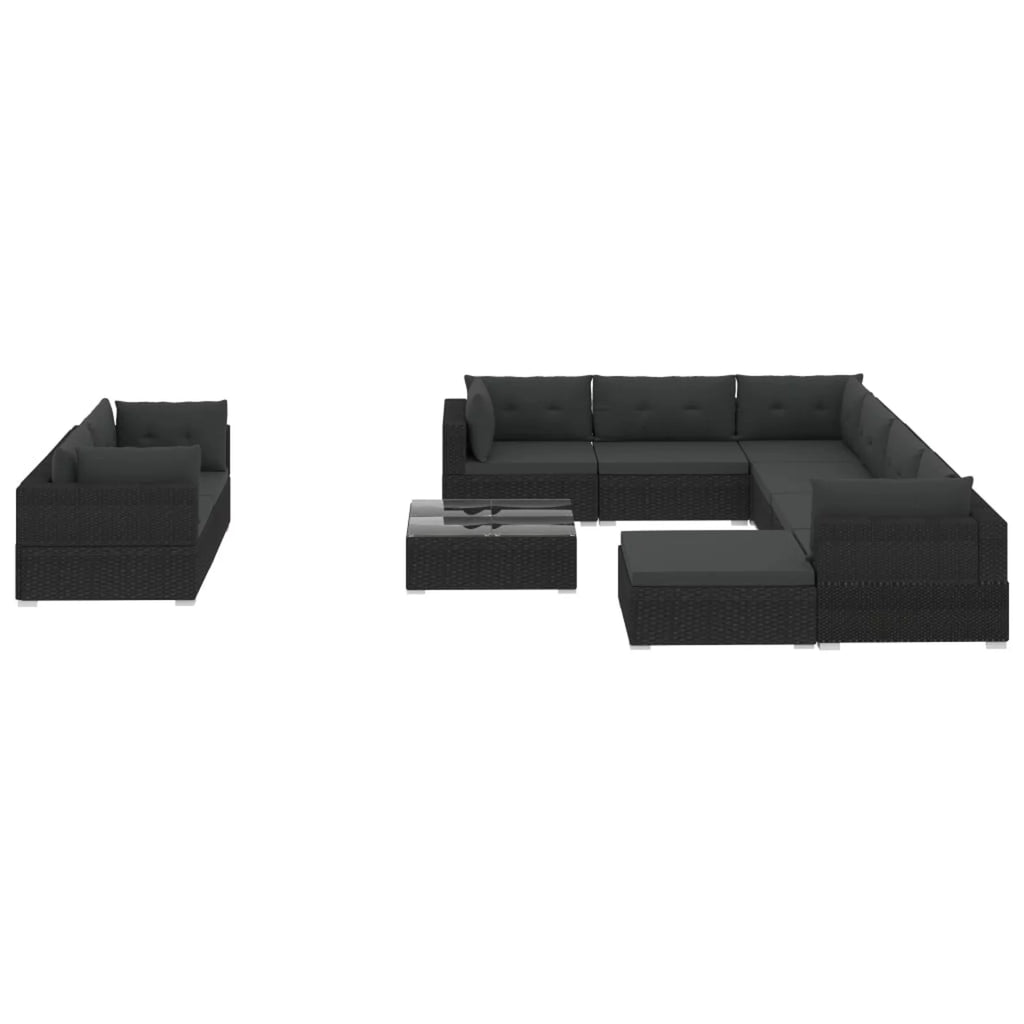 10 Piece Cushioned Black Poly Rattan Sectional Sofa Set M636
