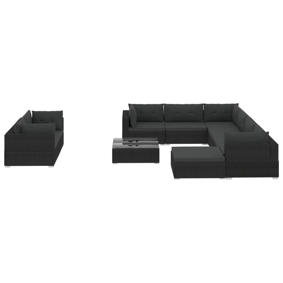 10 Piece Cushioned Black Poly Rattan Sectional Sofa Set M636