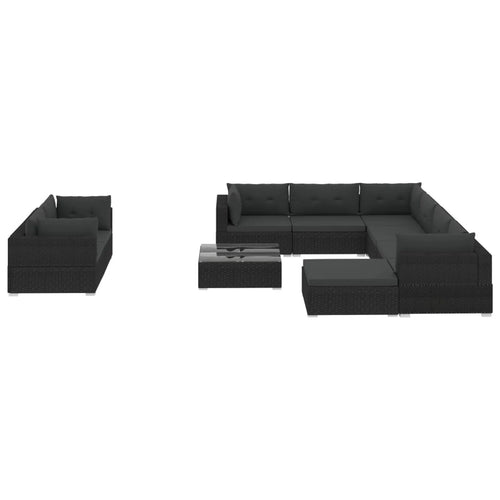 10 Piece Cushioned Black Poly Rattan Sectional Sofa Set M636