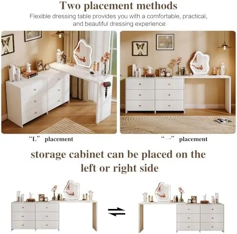Modern Corner Vanity Table with LED Mirror and 6 Drawers G71072