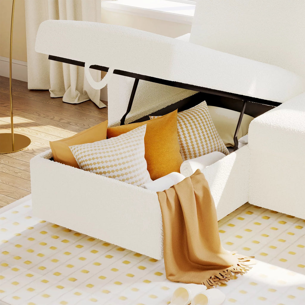 White Sherpa Sofa Bed with Storage Chaise X28685