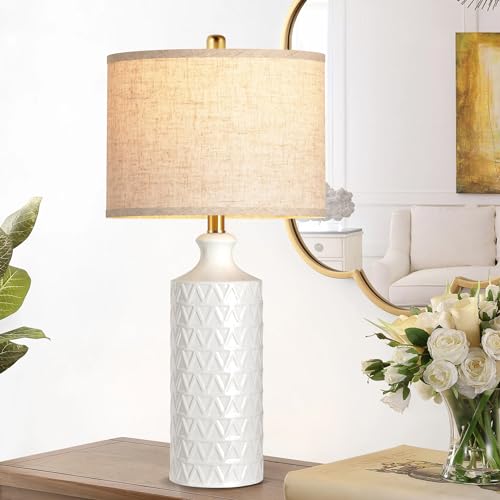 Farmhouse Ceramic Table Lamp Set of 2, 25" White Accent Lamp with 3-Color Temperature LED Bulbs M963118