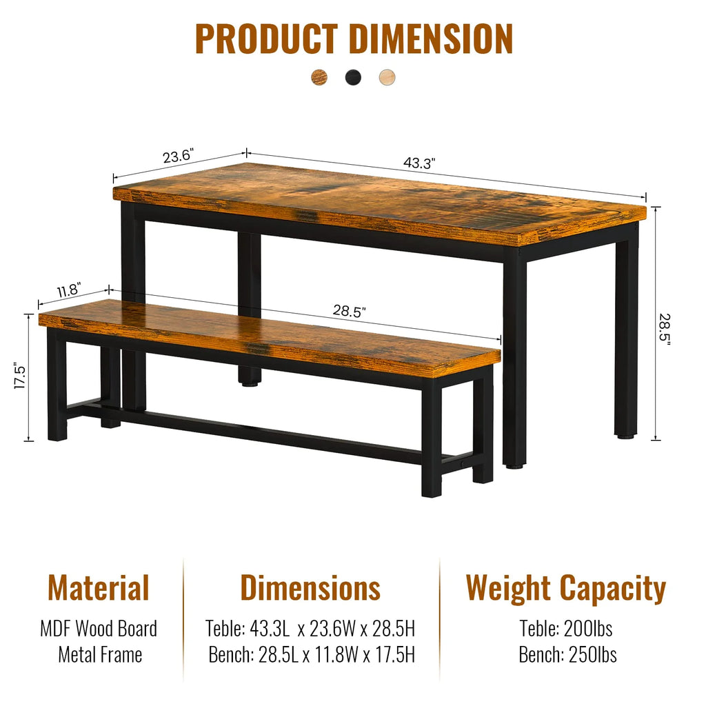 Rustic Brown 4 Person Kitchen Table Set with 2 Benches R612