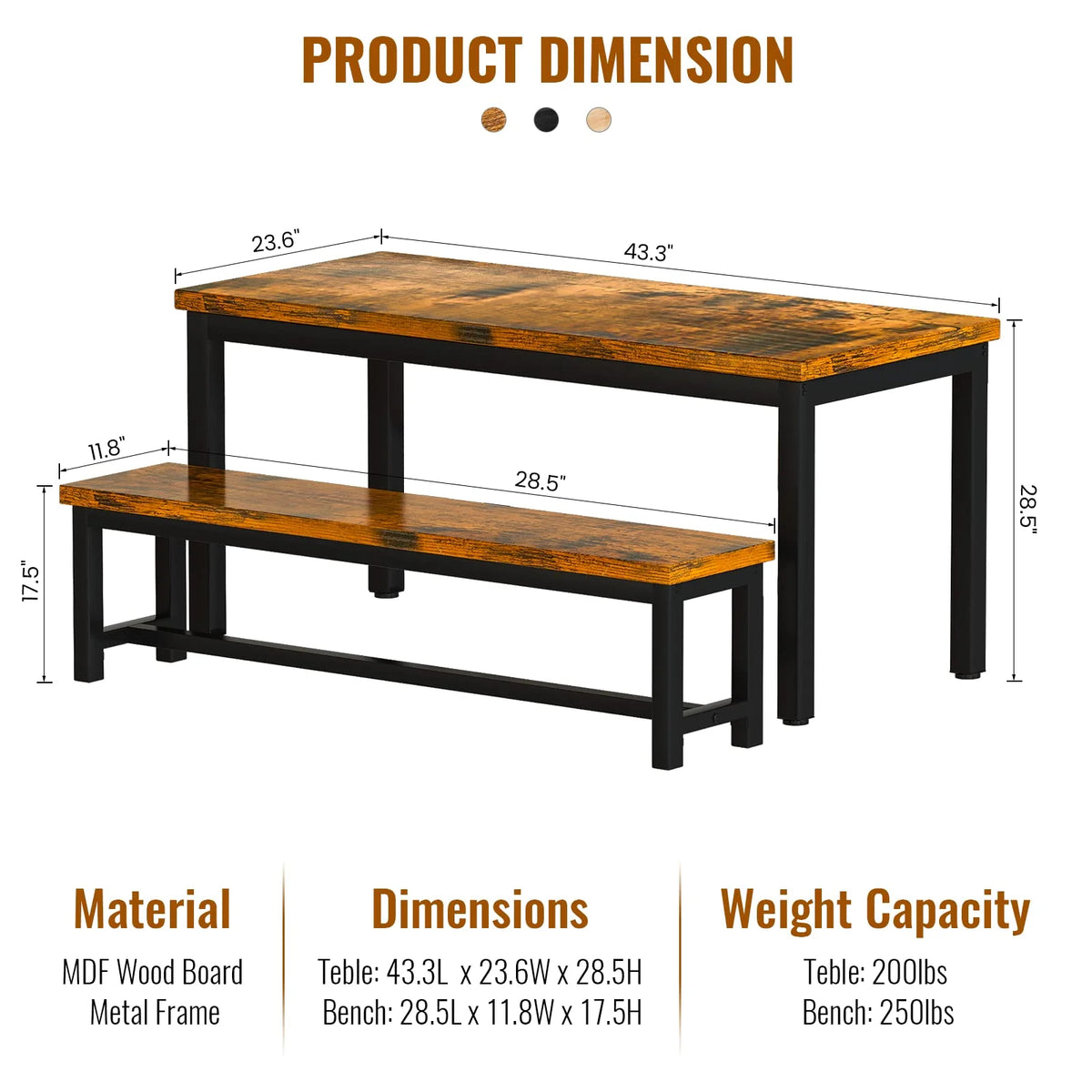 Rustic Brown 4 Person Kitchen Table Set with 2 Benches R612