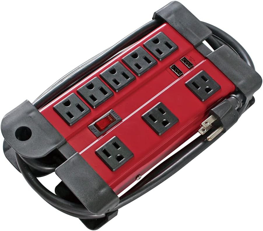 Metal Power Strip Surge Protector Red, 4ft, 8 Grounded Outlets, 500 Joules, Pack of 2 J6834