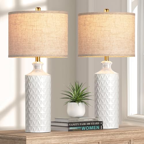 Farmhouse Ceramic Table Lamp Set of 2, 25" White Accent Lamp with 3-Color Temperature LED Bulbs M963118