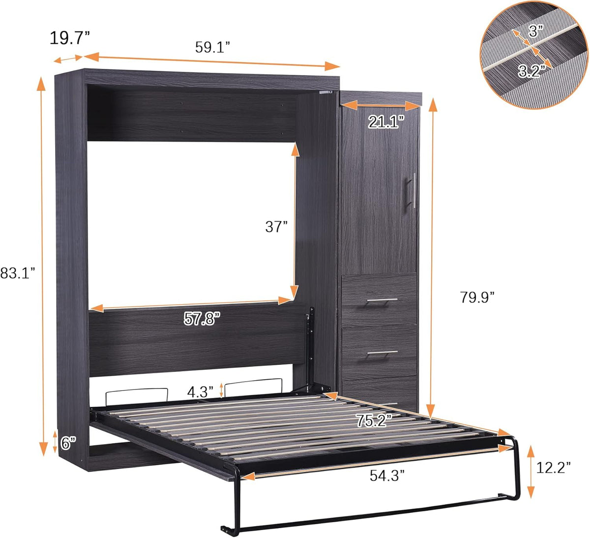 Gray Full Size Murphy Bed with Wardrobe and 3 Drawers G1500