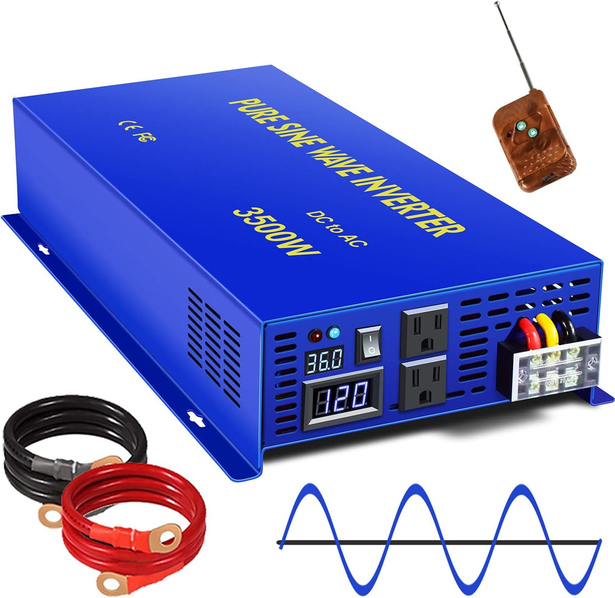 3500W Pure Sine Wave Power Inverter 36V DC to 120V AC with Wireless Remote Control H985949