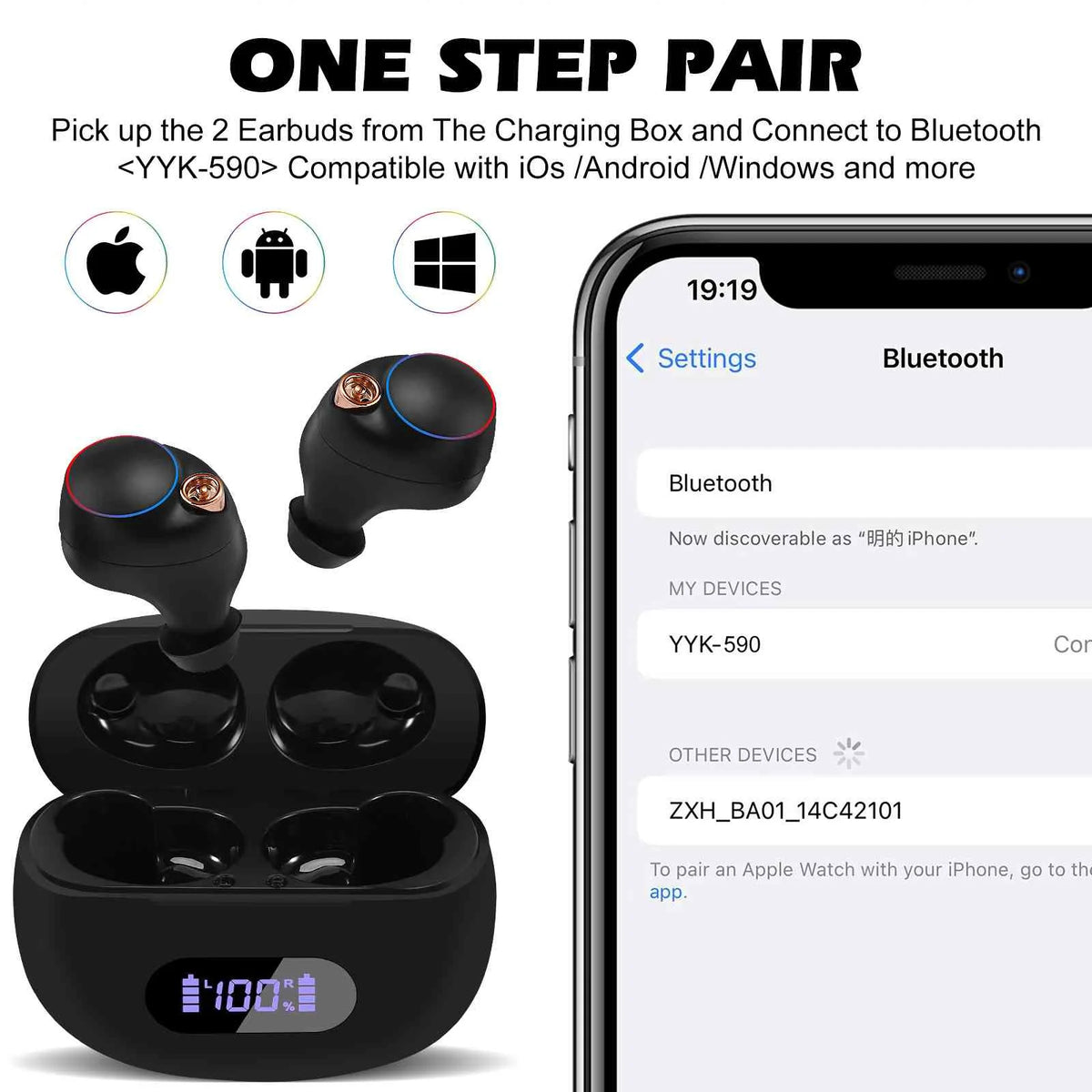 Black True Wireless Bluetooth Earbuds with Charging Case D620341