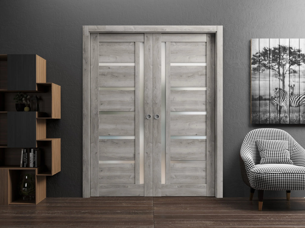 Sliding French Double Pocket Doors 64 x 80 inches Solid Wood with Frosted Glass Q77743