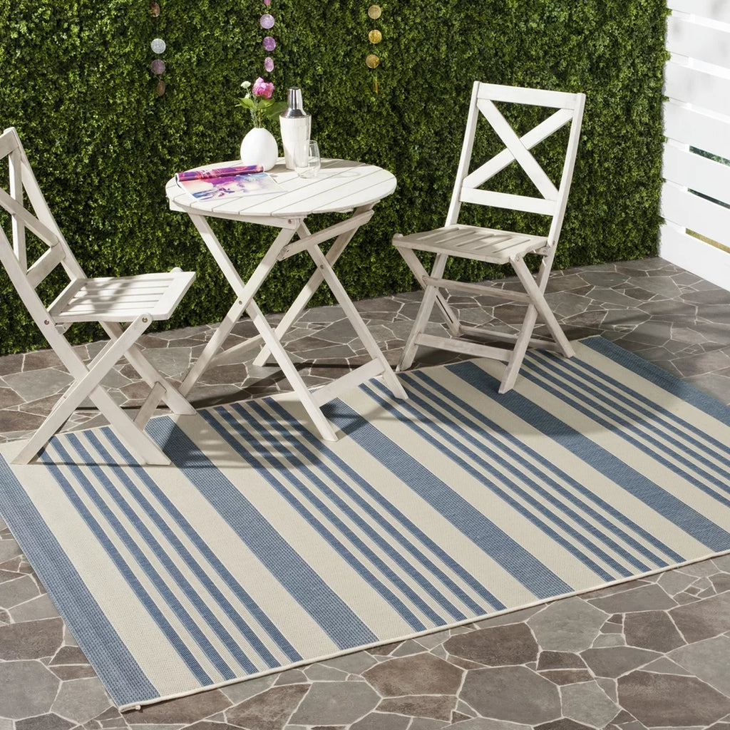 Beige Blue Striped Indoor Outdoor Area Rug 8' x 10' Q808