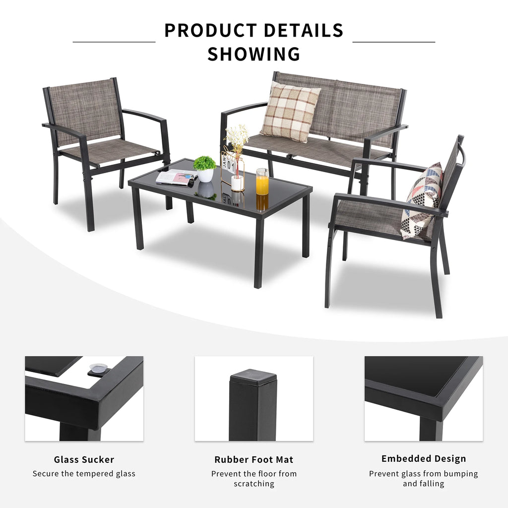 4 Pieces Patio Furniture Set with Glass Coffee Table P72055