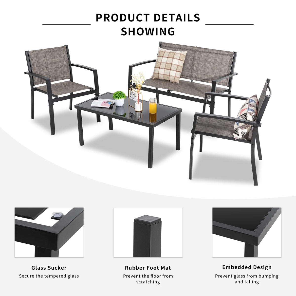 4 Pieces Patio Furniture Set with Glass Coffee Table P72055